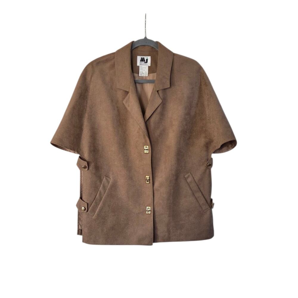 MJ Seattle Tan Faux Suede Vintage Clasp Closure Open Side 70s Top, Size Medium